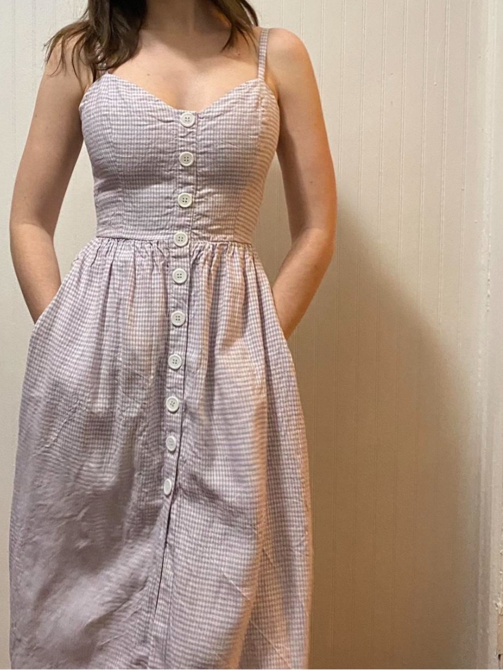 Reformation Lavender-Pink Gingham Button-Front Midi Dress